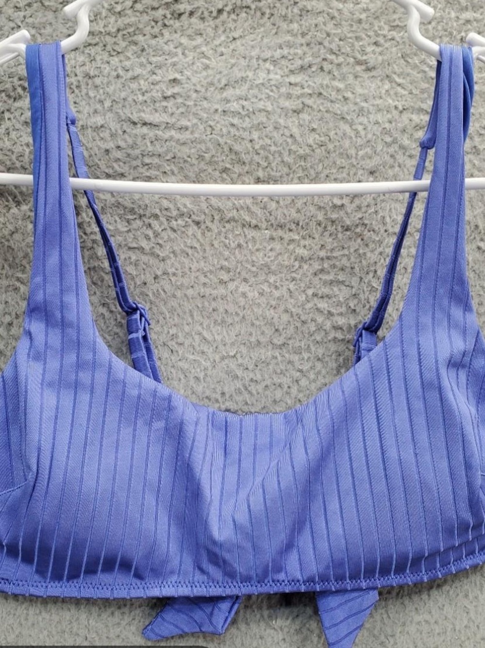 Aerie Ribbed Shine Tie Back Scoop Swimsuit Top in the shade Baja Blue.